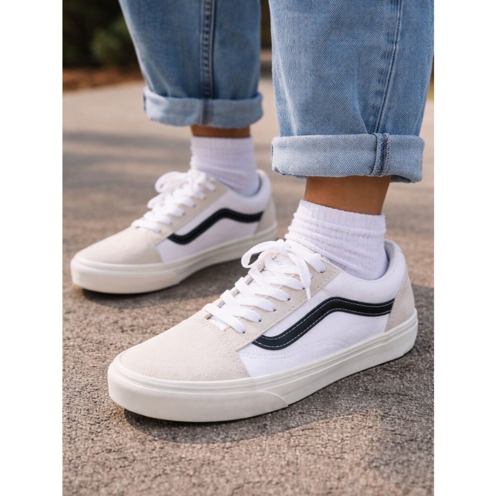 Vans Old Skool White Black Youth 6 Womens 7.5 Suede Sneakers